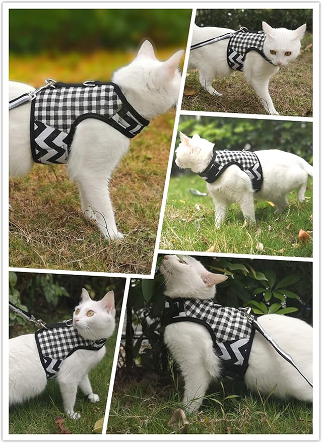 Cat Harness and Leash for Walking Escape Proof, Adjustable Cat Vest Harness, Padded Stylish Cat Walking Jackets, Black Plaid, Medium