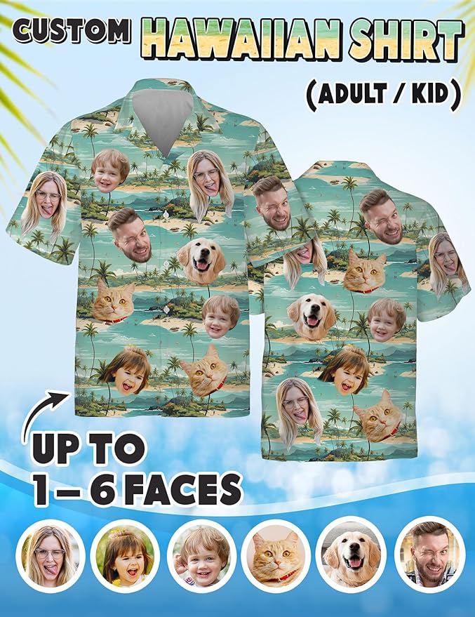 Custom Hawaiian Shirt with Face Photo Picture for Men Women Kids Youth Adult, Tropical Personalized Hawaiian Shirts Gift