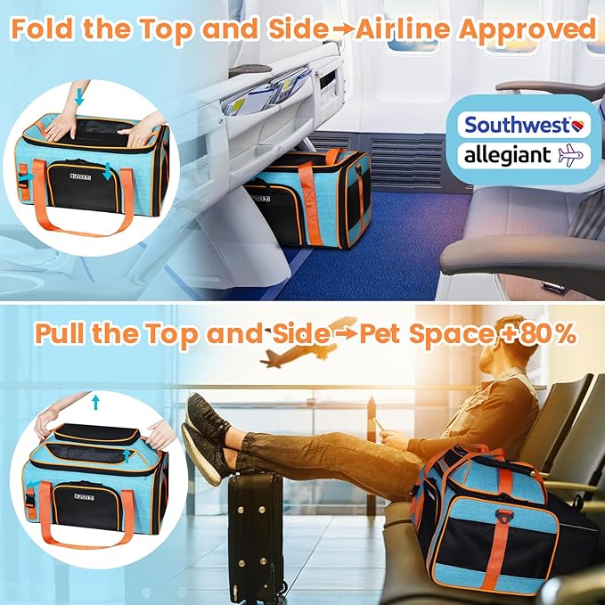 Petskd Top-Expandable Pet Carrier 19x13x9 Inches Southwest Allegiant Airlines Approved, Soft-Sided Carrier for Small Dog Under 12 lbs and Large Cat Under 15 lbs(Blue)