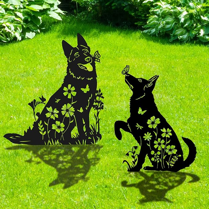 German Shepherd Metal Garden Stakes Yard Decor, 2PCS Black Dog Silhouette Statues Garden Decorative Gifts for Yard Art, Patio, Outside, Lawn Ornaments, Christmas, Backyard