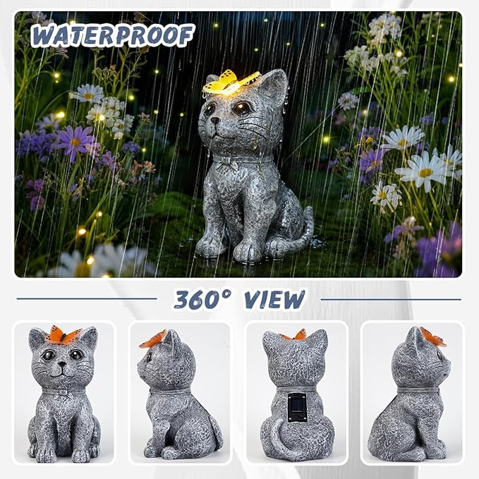 Solar Cat Garden Statues Outdoor Decor with Butterfly for Waterproof Yard Lawn Patio Balcony Porch Home Decor, for Mom Grandma Women Housewarming