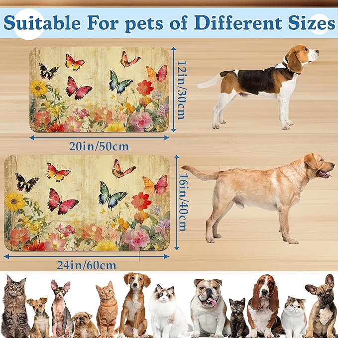 Vintage Butterfly Floral Pet Food Mat for Cats and Dogs–Christmas Stocking Absorbent Quick Dry Feeding Placemat, Non Slip Rubber Base, Waterproof Bowl Mat for Indoor Use, Pet Supplies 12"x20"