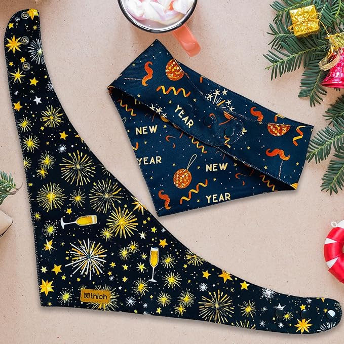 Happy New Year Dog Bandanas with Snap Button, 2 Pack Adjustable Bandanas for Small, Medium, and Large Dogs, Pet Scarf for Holiday Costume Accessory & Photo Shoot (Small)