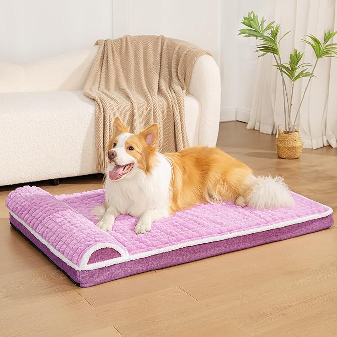 Orthopedic XL Dog Bed Large Sized Dog with Pillow 48''X30'', Waterproof Soft Comfortable Egg Crate Foam Pet Crate Beds Mat with Removable Washable Cover and Non-Slip Bottom, Lilac