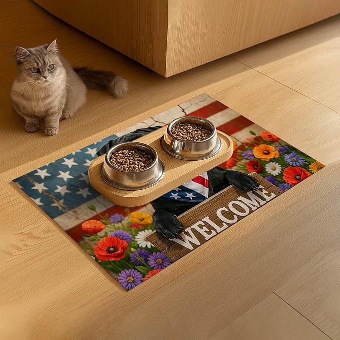 Patriotic 4th of July Flag Dog Pet Food Mat Independence Day Spill-Proof Pet Feeding Mat USA Welcome Dog Bowl Mats Pets Placemat Cat Food Mats for Home Decor 24" x 16"