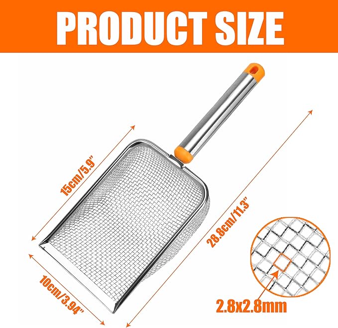 Cat Litter Scoop Stainless Steel Mesh Scooper with Long Handle, Deep Shovel Non-Stick Coated Metal for Box Kitten Pooper Lifter, Regular Scoop, Sifting Poop, Non-Slip Grip, Easy Clean, Hole: 2.8mm