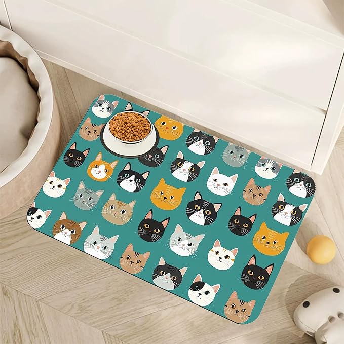 Cute Cat Dog Food Mat,Absorbent Pet Feeding Mat with Rubber Backing,Non-Slip Water Bowl Placemat,Indoor Pet Accessories Supplies 16"x24"