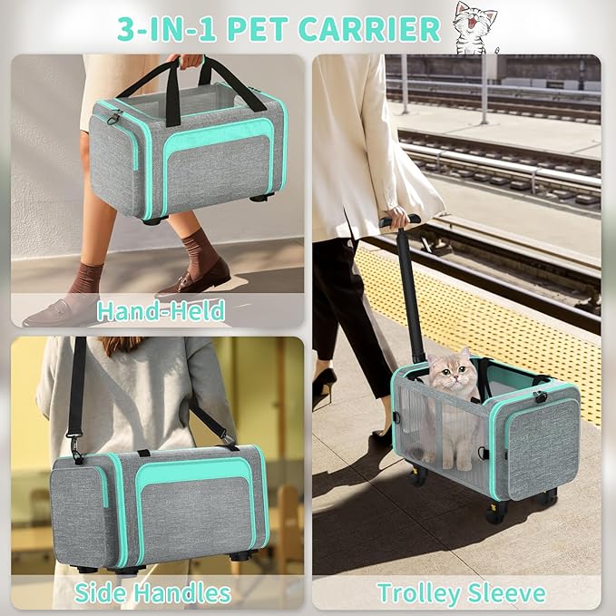 Rolling Pet Carrier with Detachable Wheels - 18x11x11 TSA Airline Approved for Southwest Delta United American, Soft Sided Expandable Travel Bag for Small Dogs & Cats up to 15Lbs, Fits Under Seat