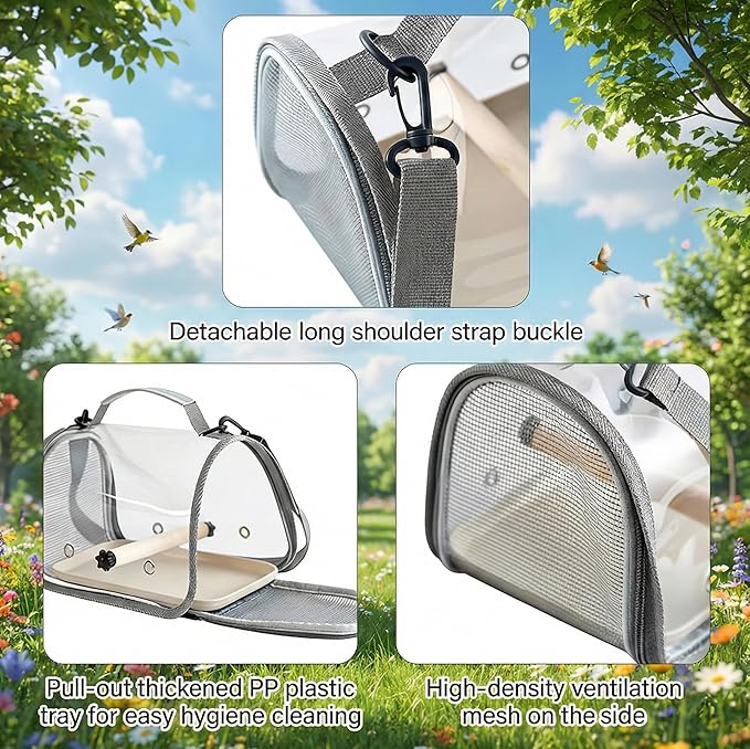 Portable Bird Travel Carrier with Breathable Mesh Windows Hands Free Parrot Backpack for Vet Visit Shopping Hiking, Clear View Small Pet Cage with Easy Clean Removable Tray and Perch