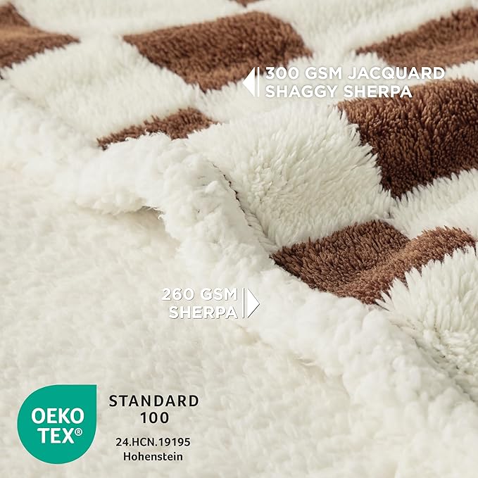 LE SURE Waterproof Dog Blanket for Large Dogs - Washable Double Sided Dog Blankets with Warm Jacquard Shag and Soft Sherpa Fleece, Pet Cat Blanket for Couch Protection, 3D Textured Checks, Brown