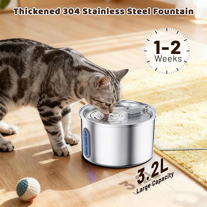 Cat Water Fountain Stainless Steel, 3.2L Cat Fountains for Drinking with Smart Quiet Pump and Water Level Window, Easy-to-Clean Automatic Pet Water Dispenser for Indoor Use, 2 Filters