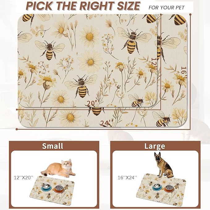 Bees Boho Daisy Floral Dog Food Mat for Floors,Absorbent Pet Food and Water Bowl Mats,Non-Slip Pet Feeding Mat,Pet Supplies 12" x 20"