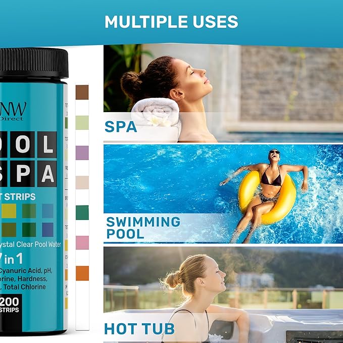 Pool Test Strips 7-in-1, 200 Quick and Accurate Pool and Hot Tub Test Strips - Pool Water Testing Kit for Chlorine, Bromine, pH, Hardness, More - All in 1 Swimming Pool Test Strips by JNW