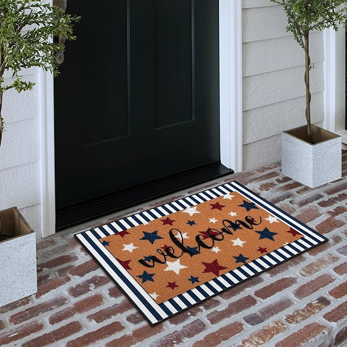 Tinideya 2 Pcs Door Mat Welcome Non Slip Coir Mats Floor Layering Doormats Seasonal for Front Porch Entryway Decor(Patriotic)