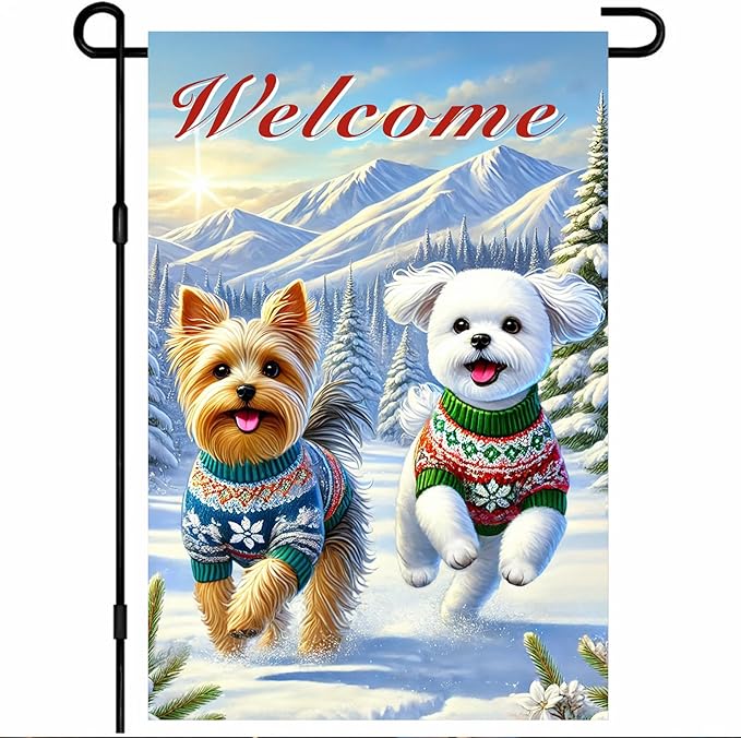 Welcome Winter Garden Flag Two Cheerful Dogs Flag Winter Sweaters 12x18 Inch Double Sided Outdoor Banner For Front Yard Porch Lawn Patio Seasonal Home Decor Pet Animal Outside