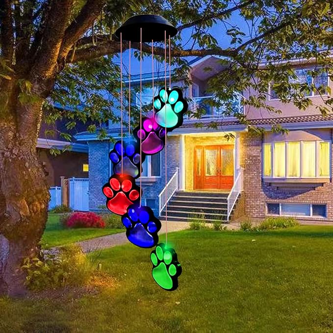 Paw Print Solar Wind Chimes for Outside, Dogs Cat Pet Pawprint Remembrance Wind Chimes,Waterproof Color Changing Solar Hanging Lights,Sympathy Gift for Pet Lover,Balcony,Patio,Yard Decor
