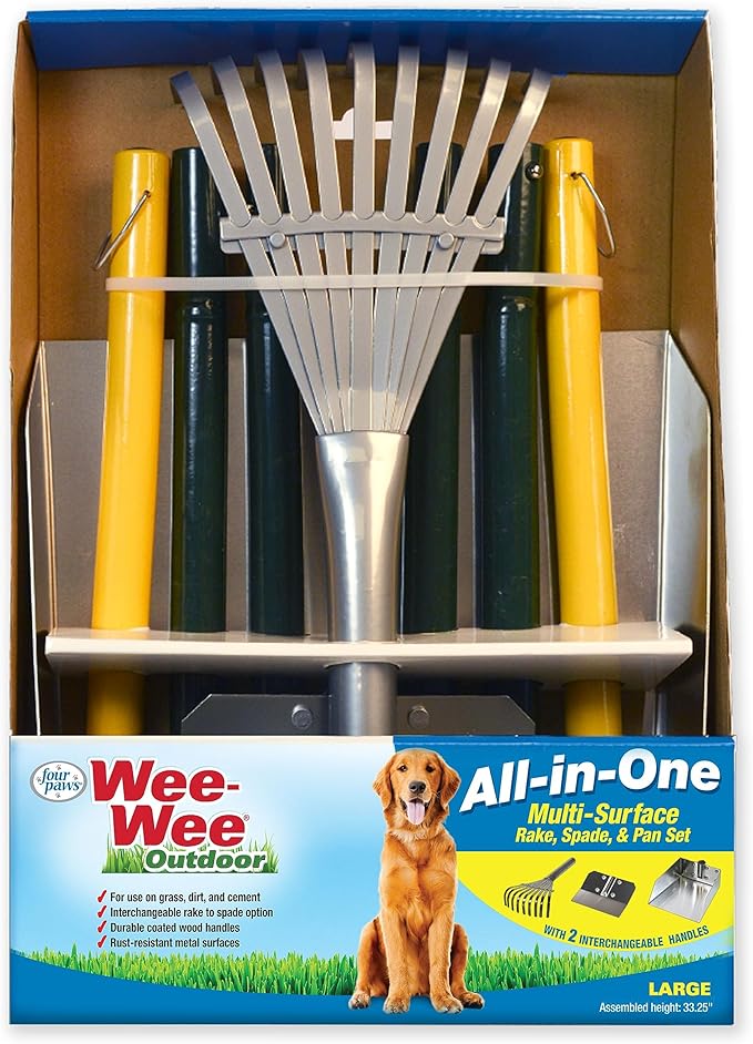 Four Paws Stainless Steel Long-Handled Dog Pooper Scooper Rake, Spade, & Pan 3 Piece Set, Pet Waste Pickup Tool, 38" x 10"