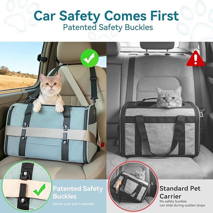 PETSFIT Large Cat Car Carrier with Patented Safety Buckles(19 x 12 x 12) – Roomy Escape-Proof for Safe Driving, Lockable Zippers & Safety Tether, Soft-Sided Travel Carrier for Road Trips & Vet Visits