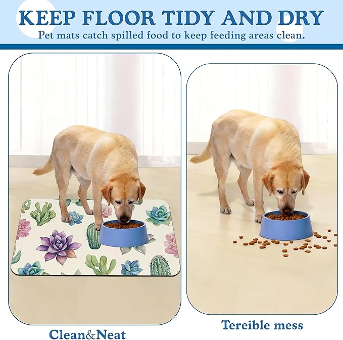 Cactus Flower Pet Feeding Mat for Floors–Christmas Stocking Absorbent Quick Dry Dog Cat Bowl Mat for Food and Water, Non Slip Waterproof Base, Mess-Free Feeding Accessories 12"x20"