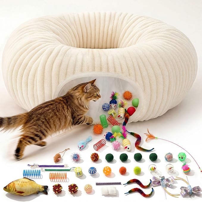 Cat Tunnel Bed with 40 Pcs Interactive Cat Toys, Cat Tube with Kitten Toys for Indoor Kittens, Collapsible Play Tunnel, White