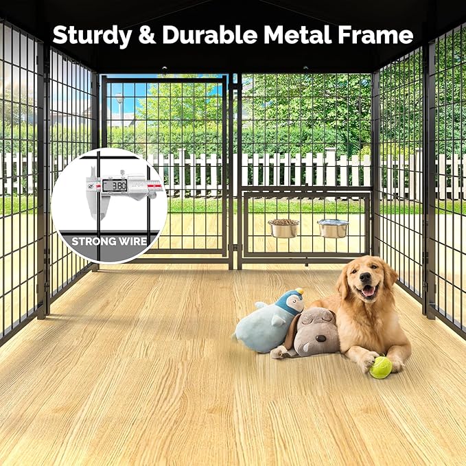 Sino Luban 2PCS Outdoor Dog Kennel Outside Run with Doggy Door, Swivel Feeder&Roof - 5x5x5FT Large Dog Kennels Pens Outside for Medium/Large Dogs - Heavy Duty Cage (Can Connect to Your Dog House)