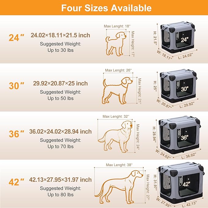 Dog Travel Crate 42 Inch, Portable Soft-Sided Travel Carriers for Dogs and Cats, Foldable Pet Kennel with 3-Doors Mesh Windows Indoor & Outdoor, Grey
