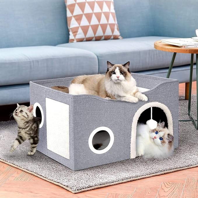 Heeyoo Cat House for Indoor Cats - Large Cat Bed Cave with Fluffy Ball and Scratch Pad, Foldable Cats Houses & Condos, Cat Hideaway, Covered Kitty Bed for Multi Small Large Kitty, 23.8x15.9x13.2 Inch