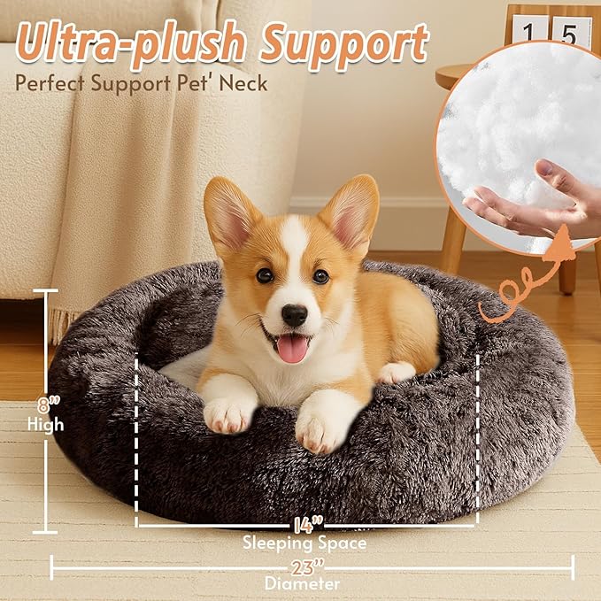 JOLLYVOGUE Calming Dog Bed for Small Dogs - 23 inches Donut Washable Small Dog Bed for Kittens & Puppies, Anti-Slip Round Fluffy Plush Faux Fur Cat Beds (Fits up to 25 lbs Pets)