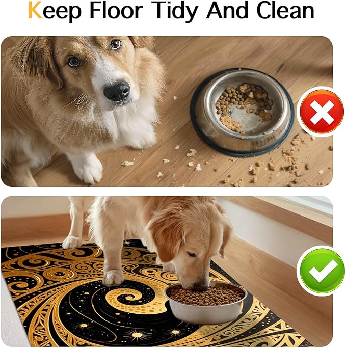 Cat Feeding Mat 24x16 inch Gold Black Artistic Cat Print Pet Bowl Placemat Non Slip Floor Mat for Food and Water Indoor Kitty Feeding Station Elegant Meal Pad for Small Pets Kitchen Use