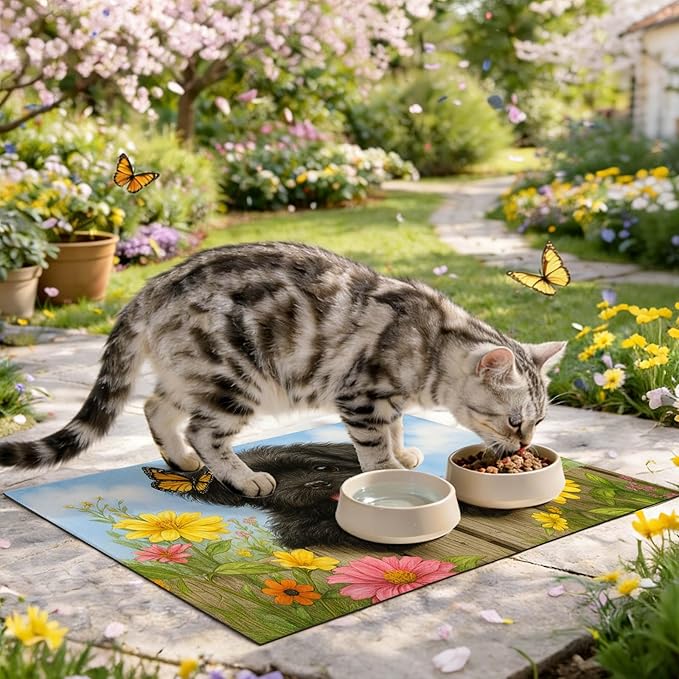 Spring Pet Feeding Mat 24" x 16"Puppy and Butterfly Floral Garden Design Non Slip Cat and Dog Bowl Mat Easy Clean Pet Food Mat Pet Placemat for Dog and Cat Feeding Area Kitchen Floor Decor