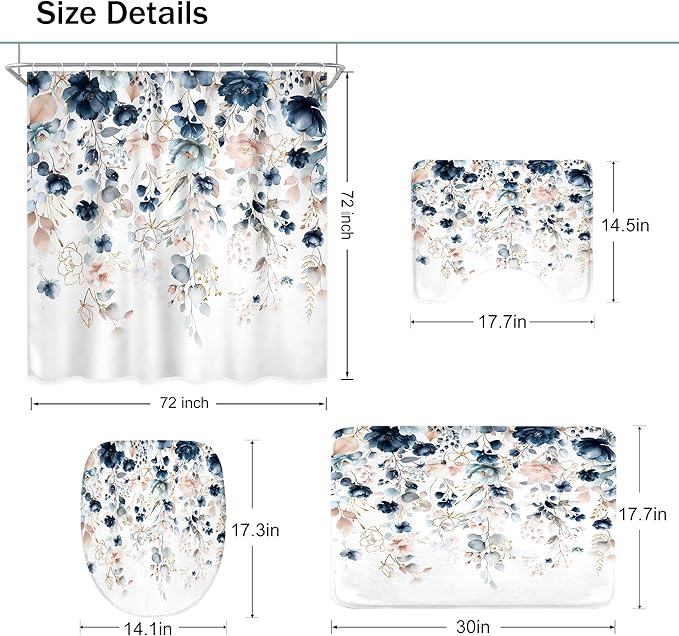 4 PCS Navy Blue Floral Flower Shower Curtain Set 72Wx72H Inch Watercolor Pastel Plant Complete Bathroom Set Non-Slip Bath Rug Toilet Lid Cover and U Shape Mat Accessories 12 Hooks Bathoom Decor