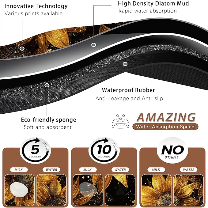 Sunflower Vintage Pet Feeding Mat,Absorbent Quick-Dry Cat Dog Food and Water Bowl Mats, Non-Slip Rubber Backing Mat,Cat Dog Accessories Supplies 16"x24"