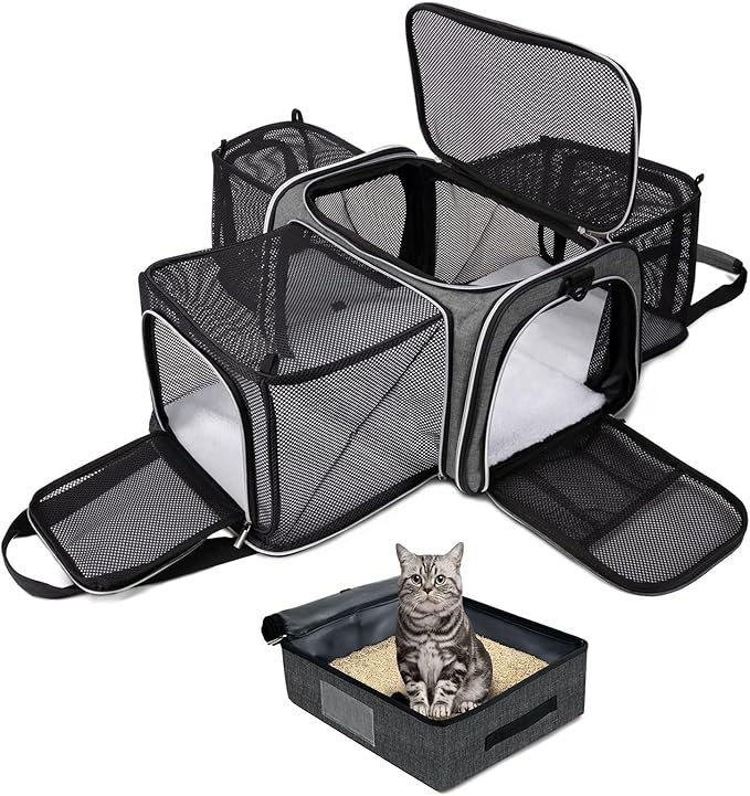 BAGLHER Expandable Cat Carrier with Travel Litter Box, Pet Travel 5 Sides Open Doors 3 Sides, Leak-Proof and Collapsible, for Car, Airplane Trip, Grey