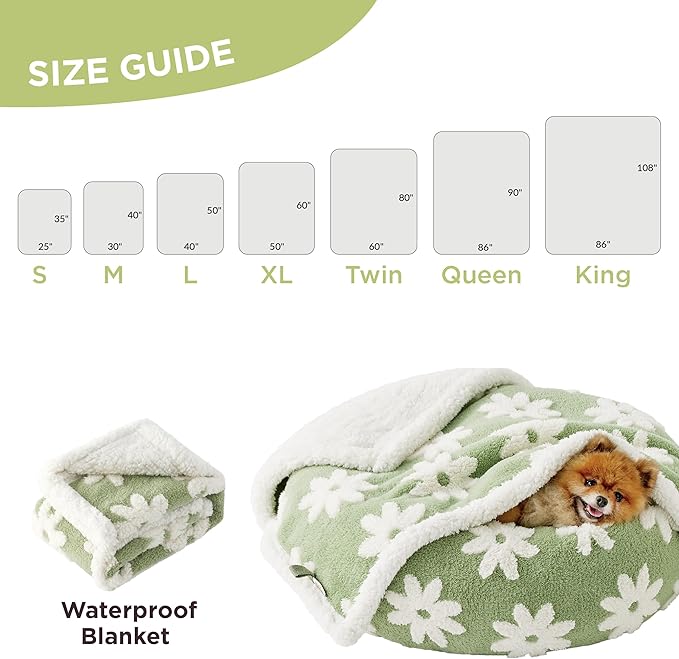 LE SURE Waterproof Dog Blanket for Large Dogs - Washable Double Sided Dog Blankets with Warm Jacquard Shag and Soft Sherpa Fleece, Pet Cat Blanket for King Bed Protection, 3D Textured Flower, Green