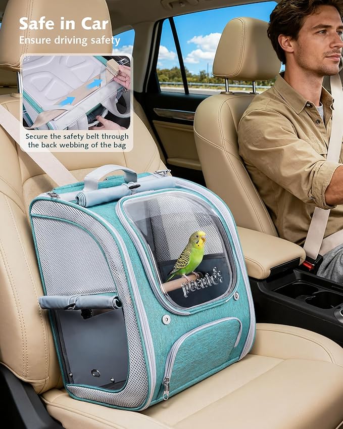 Pecute Bird Backpack Carrier for Small Birds,Cockatiel,Parrot,Bird Carrier with Standing Perch,Comfy Mat&Transparent Window, Breathable Bird Backpack for Vet Visit,Shopping and Outdoor Adventure,Blue