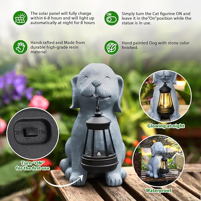 Solar Dog Garden Statue with Lantern, Outdoor Waterproof Dog Figurine Decor for Patio Yard Lawn, Dog Lover Gifts for Women Mom Grandma, Housewarming Gift