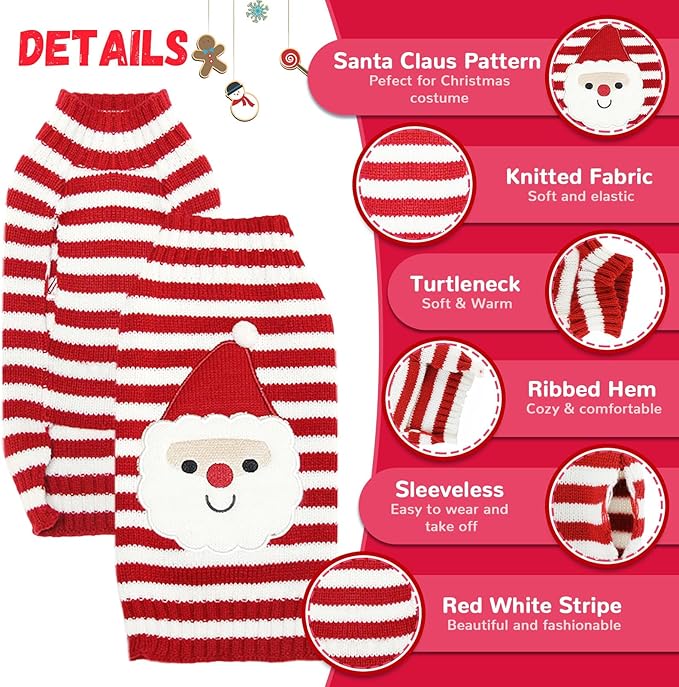 Dog Christmas Sweater Xmas Pet Clothes Cute Striped Santa Claus Costume Holiday Puppy Cat Jumpers Outfits New Year Gifts for Small Medium Large Dogs (XXL, Red White Stripe Santa Claus)