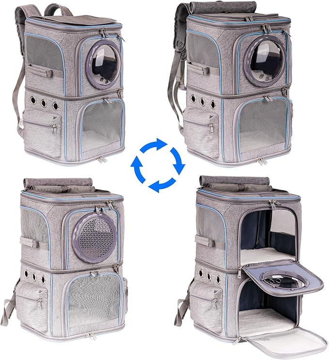 2-in-1 Pet Carrier Backpack for Two Cats or One Dog, Double-Layer 2 Compartment Carry Bag to Transport Small Animals Traveling and Hiking, Space Capsule Clear Bubble Dome