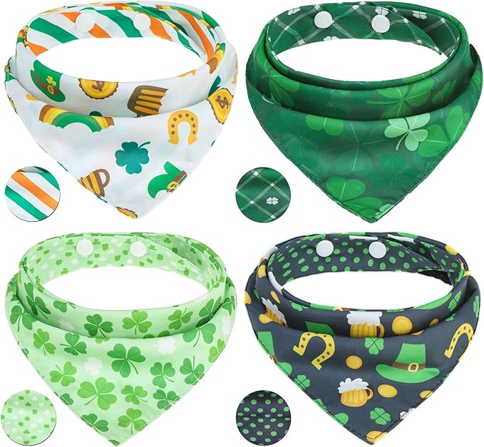 PAWCHIE St. Patrick's Day Dog Bandanas 4 Pack,Reversible Dog Party Triangle Scarf Bibs,Pet Holiday Costume with Adjustable Snaps,Multiple Patterns for Small Dogs Puppy,Cats Pets,Green S