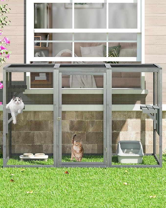 Catio Outdoor Cat Enclosure,71" L Outside Cat House Weatherproof, Wooden Large Catios for Cats Patio, Cat Houses with 3 Platforms,Grey