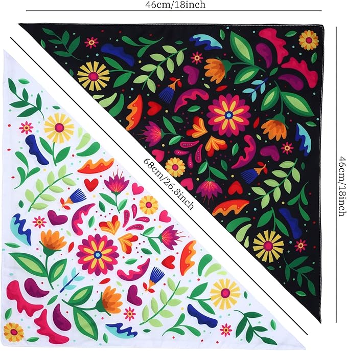 Whaline Mexican Dog Bandana Floral Dog Bandana Cinco De Mayo Fiesta Pet Scarf Double-Sided Adjustable White Black Flower Pet Neckerchief for Small Medium Large Cat Dog Carnival Accessories, 2 Pack