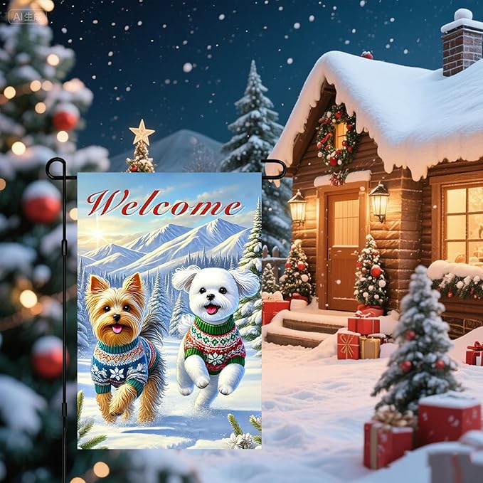 Welcome Winter Garden Flag Two Cheerful Dogs Flag Winter Sweaters 12x18 Inch Double Sided Outdoor Banner For Front Yard Porch Lawn Patio Seasonal Home Decor Pet Animal Outside