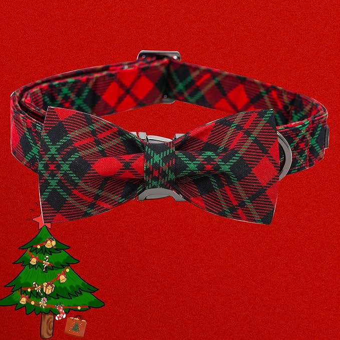 Dog Collar, Christmas Plaid Pet Collar Bow Holiday Bows Girl Boy Bow Dog Collars Puppy Adjustable Pet Collar for Small Dogs