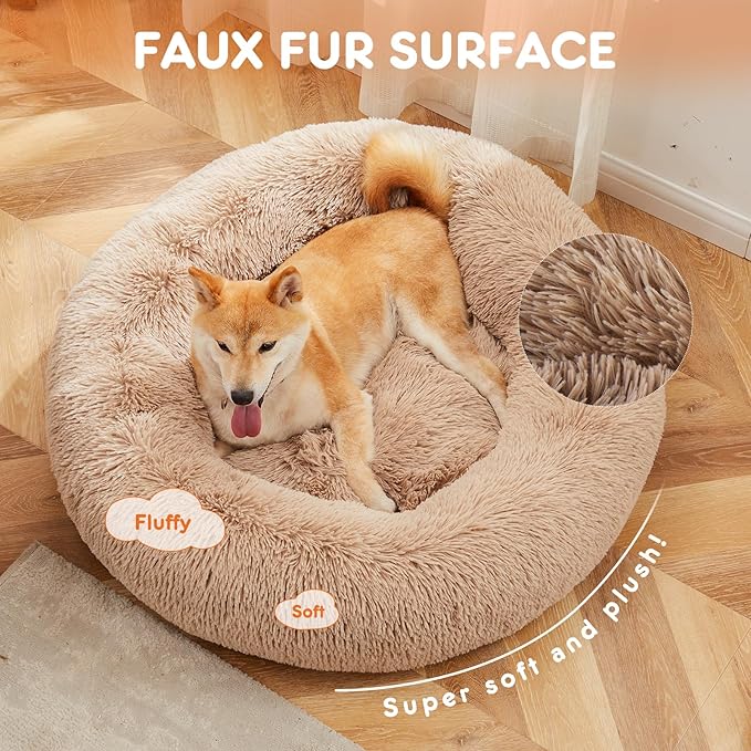 Sweetcrispy Donut Dog Bed, XL Large Round Calming Cat Bed with Washable Waterproof Cushion, Anti-Anxiety & Anti-Slip Fluffy Cuddle Cozy Faux Fur Plush for Pet Puppy Indoor Sleeping(37.4"x3.47",Brown)