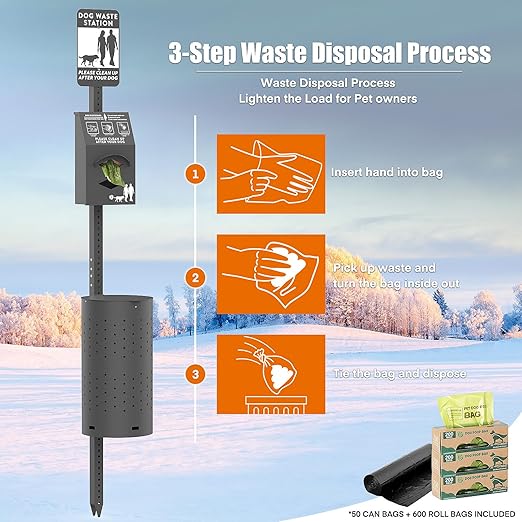 Dog Waste Station Outdoor, Pet Waste Disposal Station Rustproof Aluminum with 10 Gallon Trash Can, 600 Dog Poop Bags & 50 Liners for Parks, Trails, HOA Communities (Black)