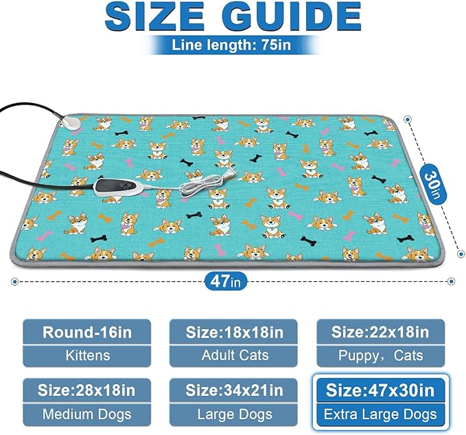 Extra Large Dog Heating Pad 47x30 in Waterproof Smart Thermostat Switch, Whelping Supplies Heated Dog Bed, Adding Wire Rope Wires Puppy Heating Pad Mat-Blue