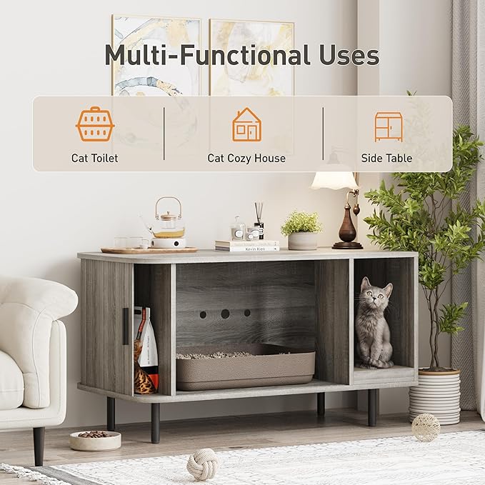 Cat Litter Box Enclosure with Cat Scratch Pad, Sliding Door, 37.4" Litter Box Enclosure Furniture Hidden Litter Box, Modern Indoor Cat House, TV Stand, Side End Table for Living Room, Grey