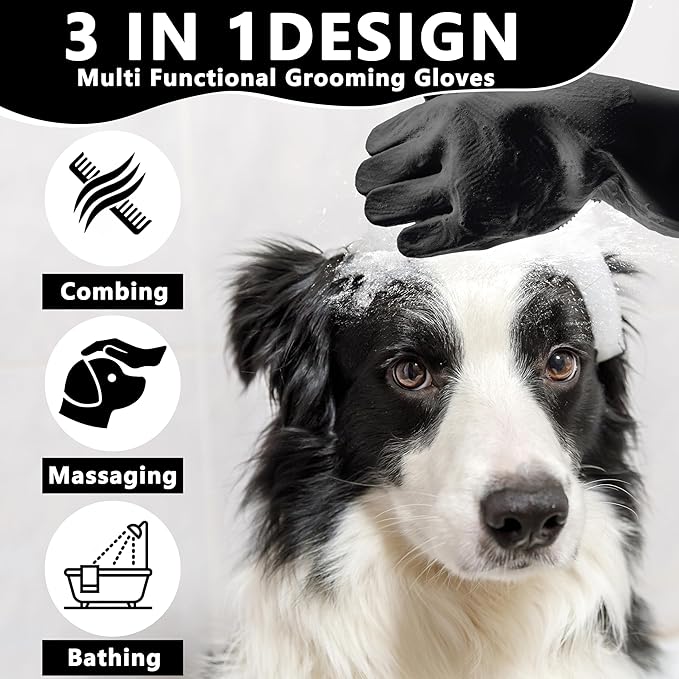 Pet Grooming Gloves—Heat Resistant Dog Washing Gloves with High-Density Teeth, Dog Bath Scrubber with Enhanced Five Finger Design, Silicone Gloves for Dogs and Cats Bathing, Massage (Dark)