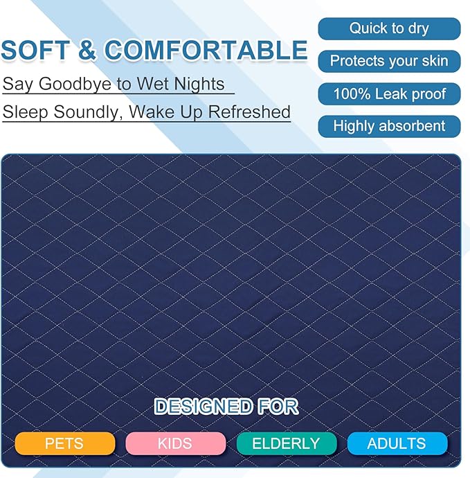 OUTCREATOR® Washable Bed Pads 34" x 56" (Pack of 2), Incontinence Mattress Protector, Anti-Slip Waterproof Underpads for Adults Kids Elderly Pets, Absorbency & Reusable Bedwetting Pads (Dark Blue)