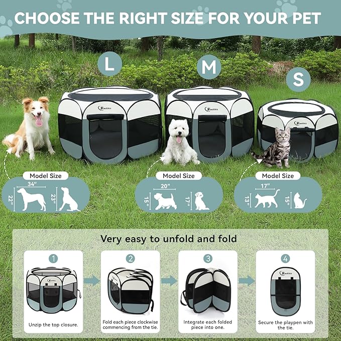 Large Dog Cat Playpen, Puppy Pet Playpen Indoor for Dog Crate Tent Cage Outdoor, Portable Pop Up Dogs Enclosure Kennel with Carrying Case for Dogs/Cats/Rabbits, Grey